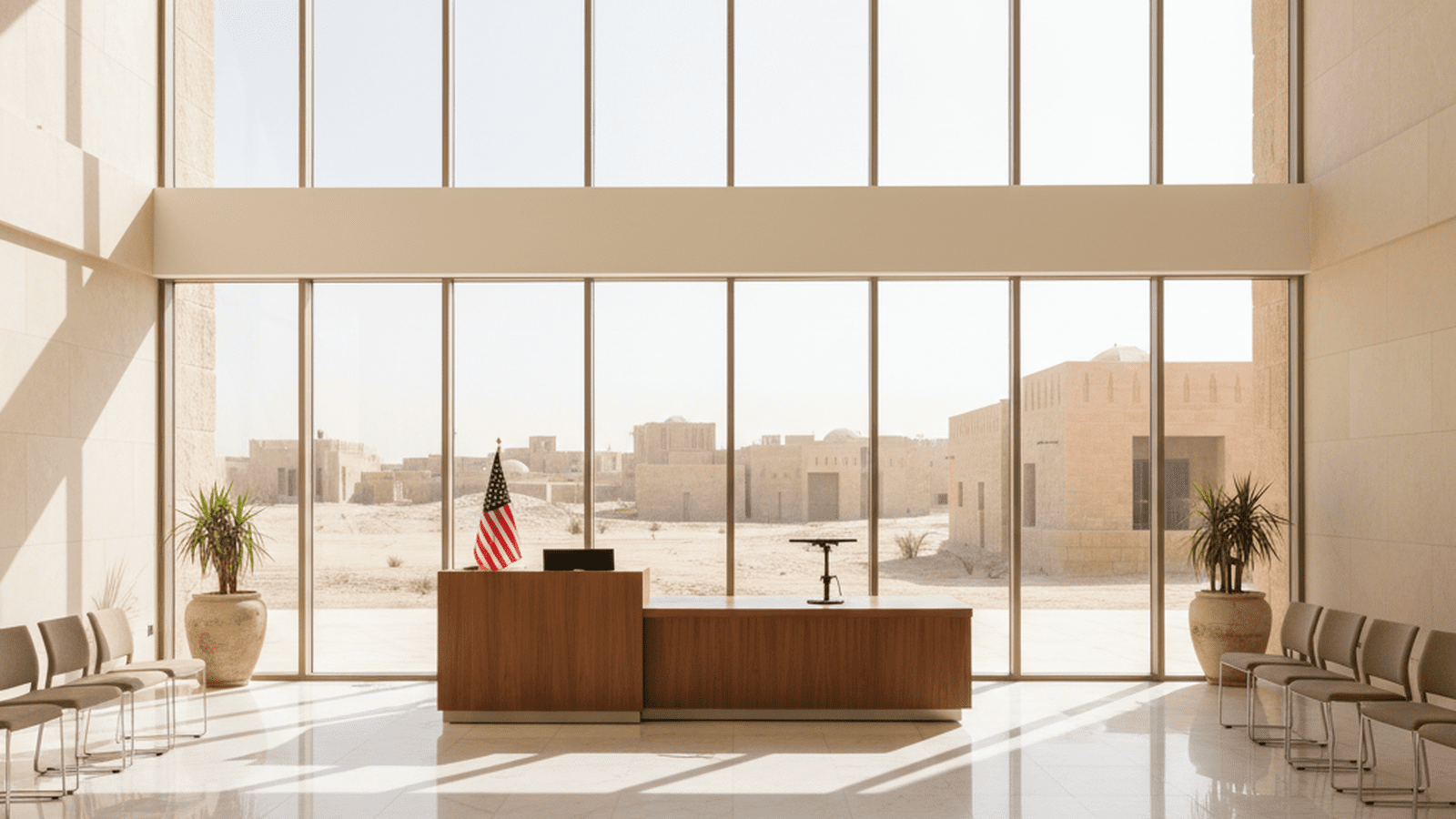 An empty and orderly U.S. embassy lobby in the Middle East during a diplomatic drawdown.