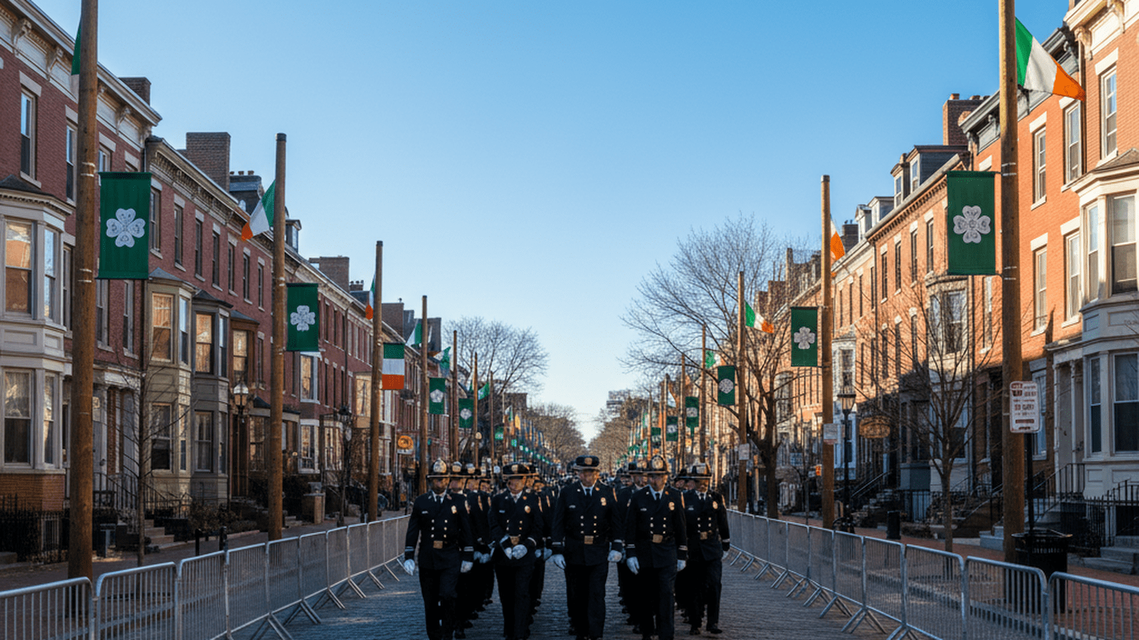 An orderly street in South Boston prepared for a large parade with barricades and banners.