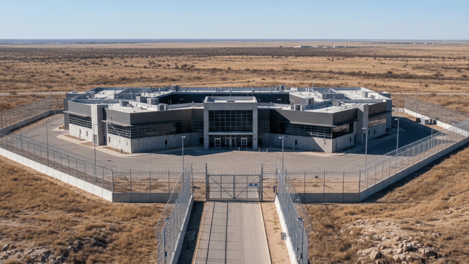 A secure federal facility stands in a desert landscape under a bright sky, representing the orderly nature of government enforcement.