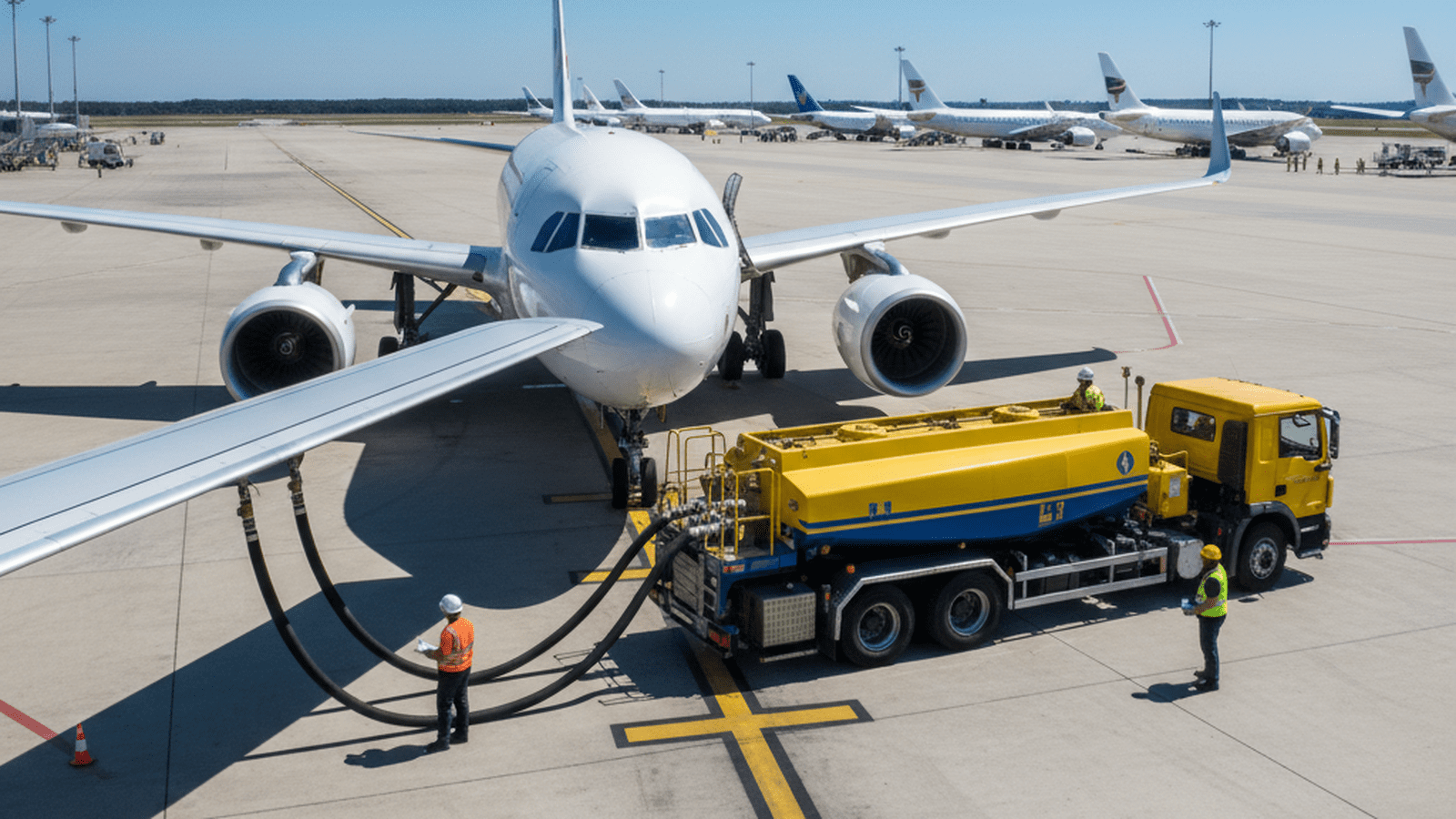 A commercial airplane is refueled on a bright airport tarmac with industrial equipment and hoses visible.