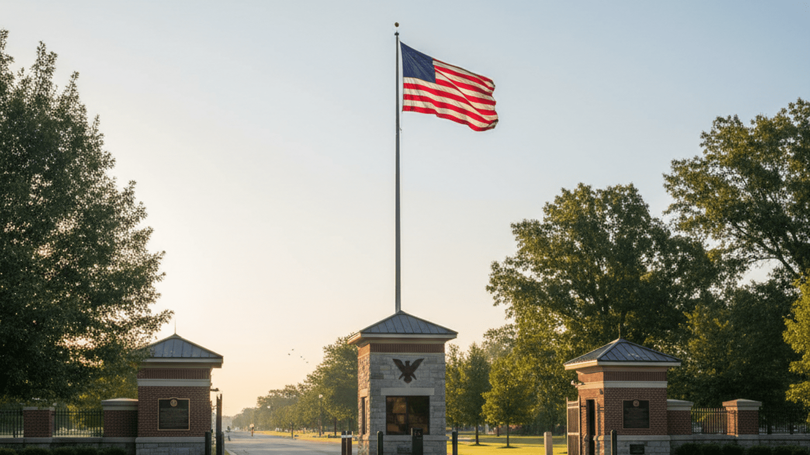 The entrance to Fort Campbell Army base stands ready under a clear morning sky.