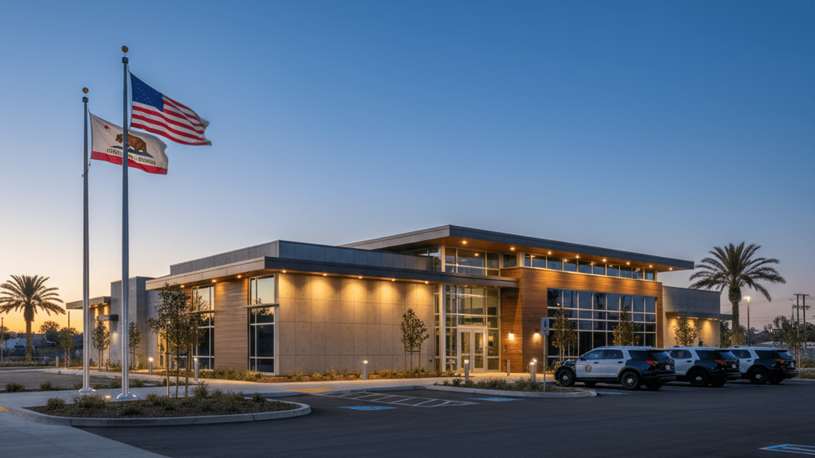 A clean and modern Ventura County Sheriff's station stands under a darkening sky with flags flying.