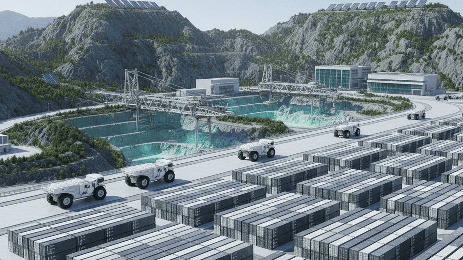 A clean and organized industrial mining site in a mountainous region under a clear sky.
