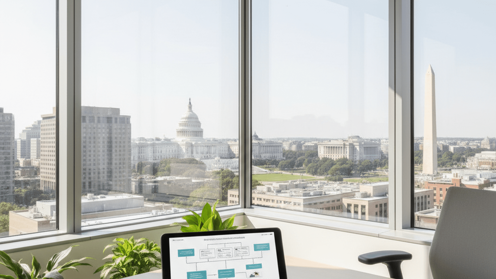 A professional office desk in Washington D.C. with a digital tablet showing a governance chart.