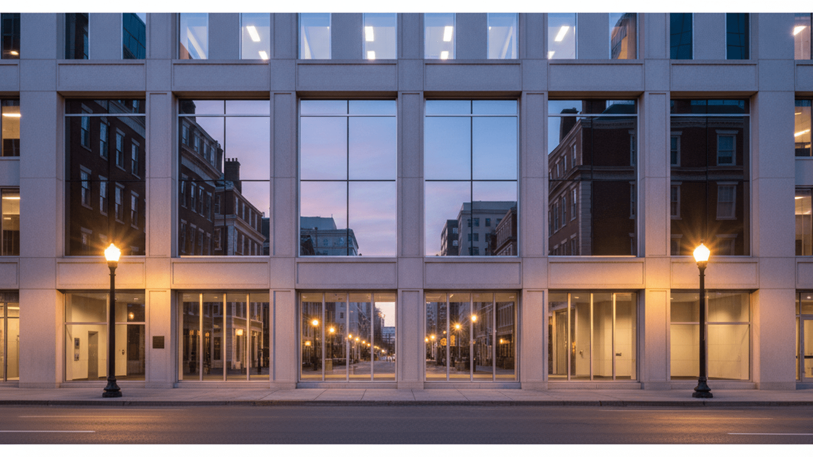 A modern glass office building in Washington D.C. reflects the calm evening light of the city.