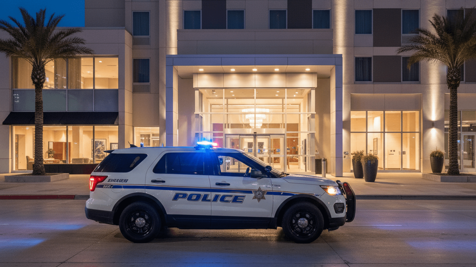 A Dallas police car with flashing lights parked outside a Marriott hotel at night.