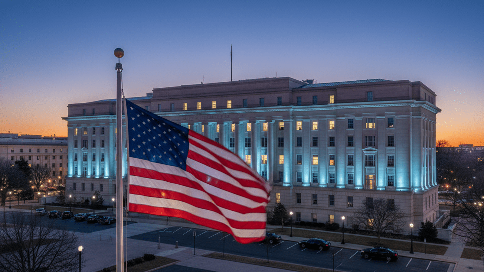 The Department of Homeland Security headquarters stands illuminated at dusk under a clear sky.