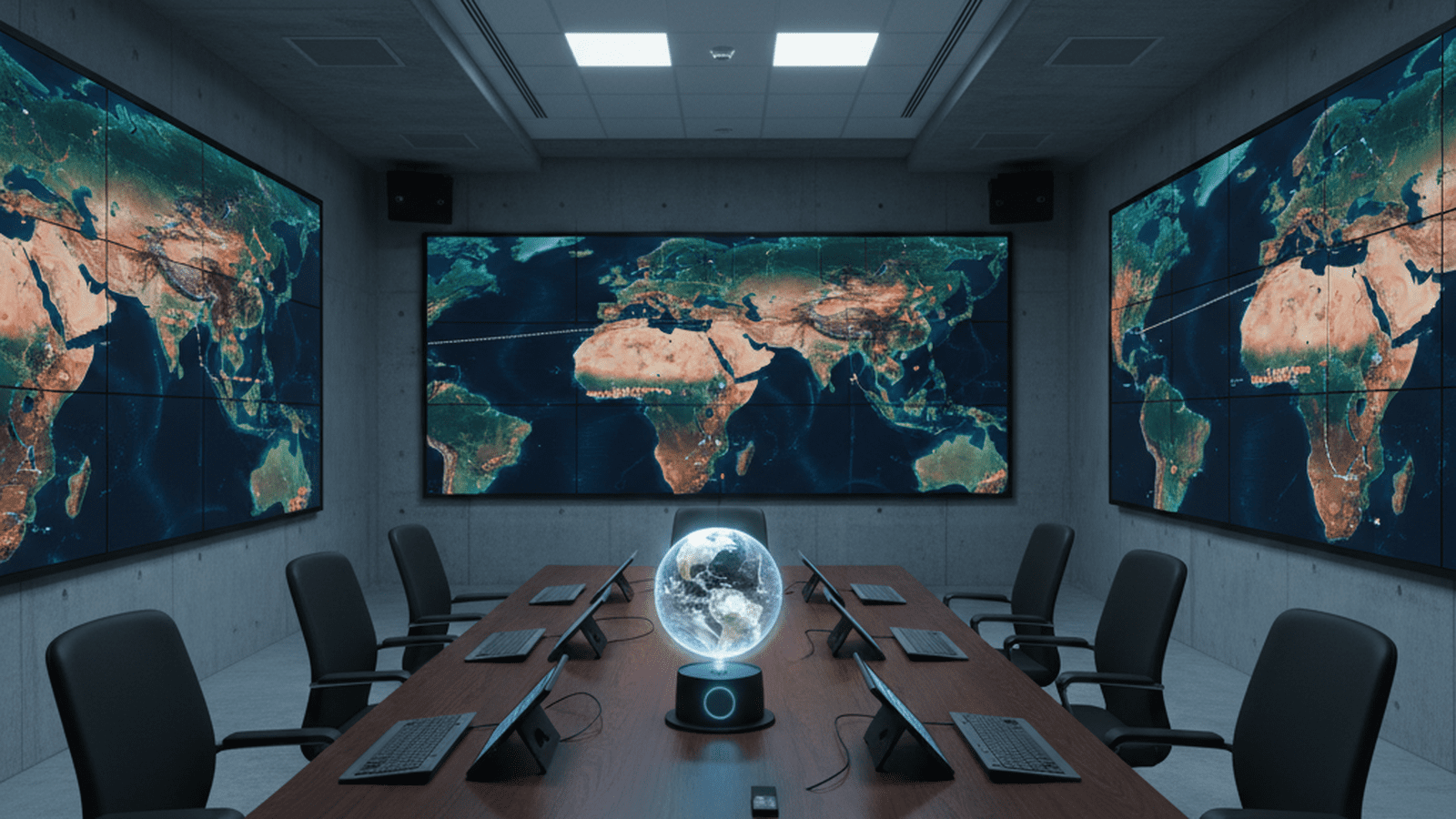 A high-tech military briefing room with digital maps of the Middle East on the walls.