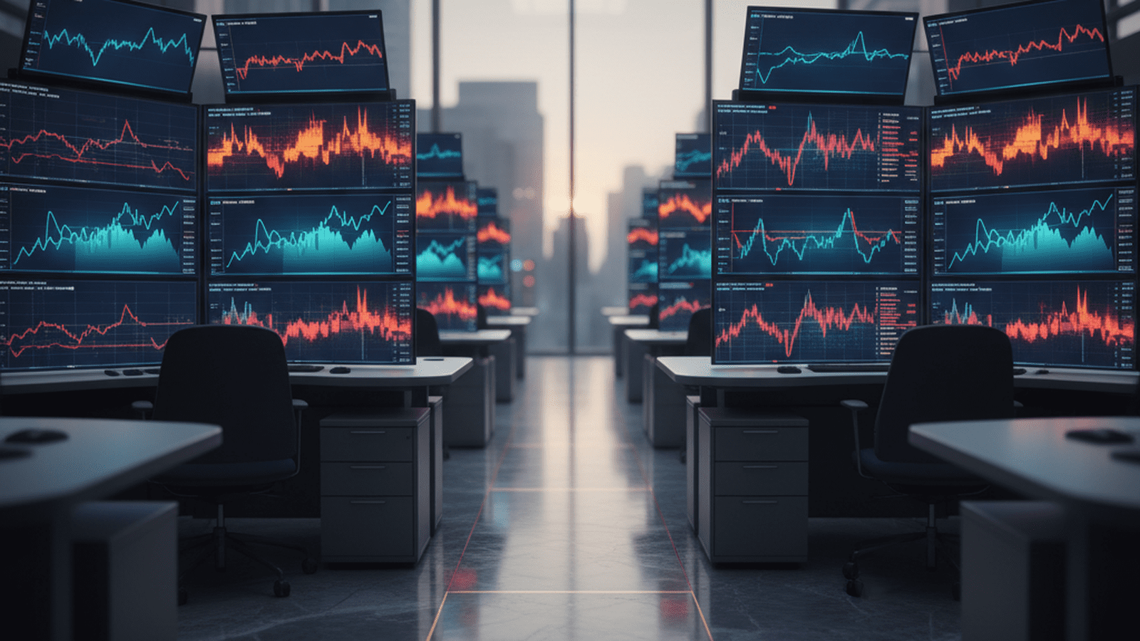 The interior of the New York Stock Exchange with digital screens displaying market data.