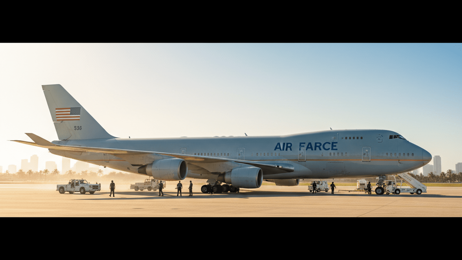 Air Force One sits on a bright tarmac under a clear sky, representing the steady presence of the administration.