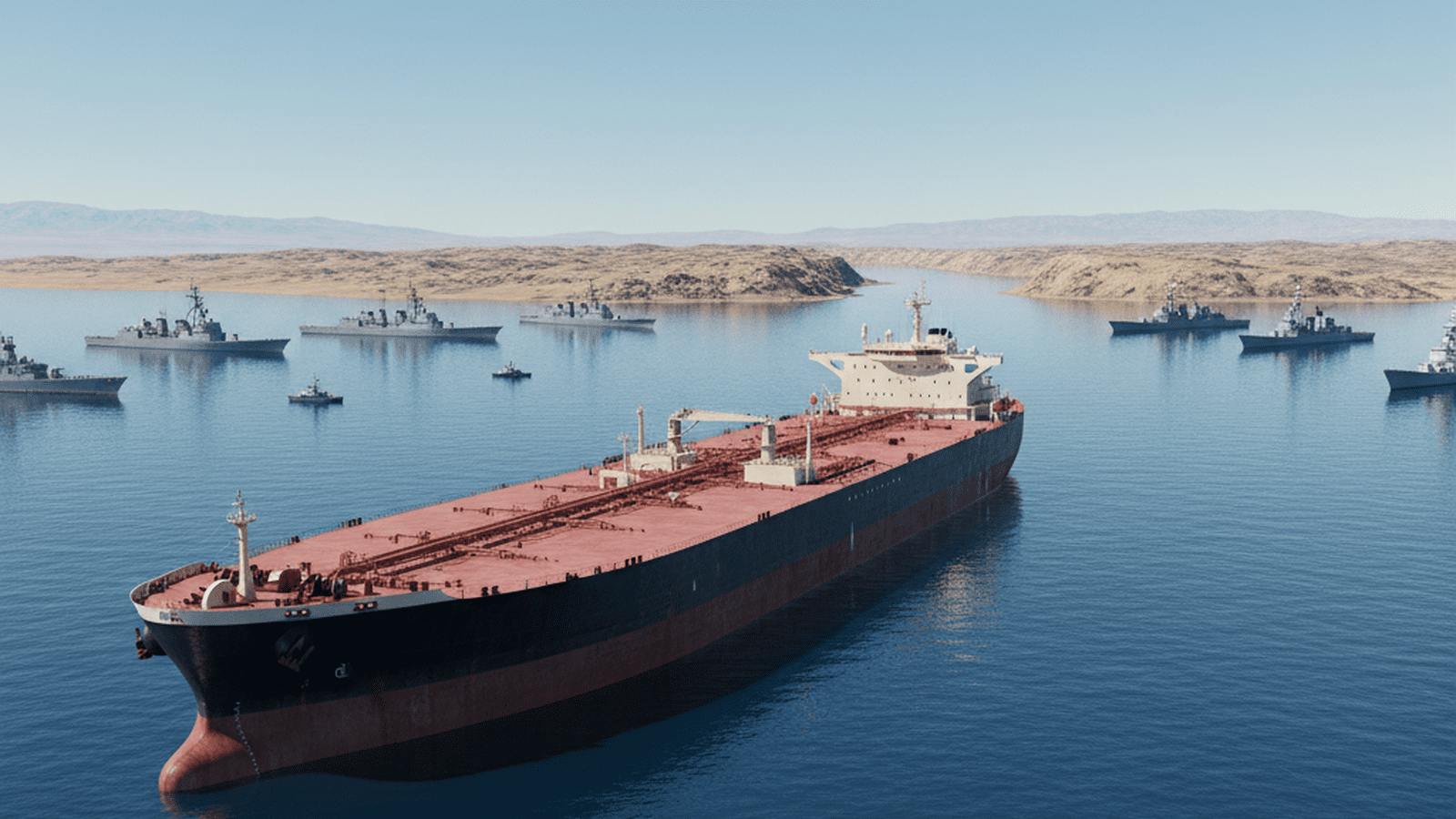 A large oil tanker sits in a calm sea guarded by naval ships under a bright sky.