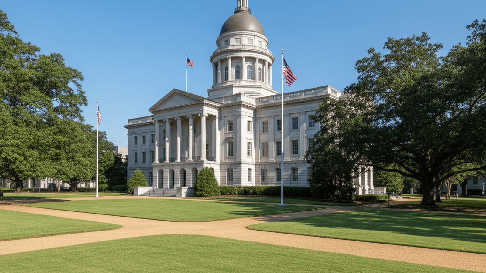 c7a3baefb8479c6e50744f6a11cb3527b11dc21012e27a5b386bef503afe6946 A photo-realistic view of the South Carolina State House building in Columbia, showing its dome and columns under a bright sky.