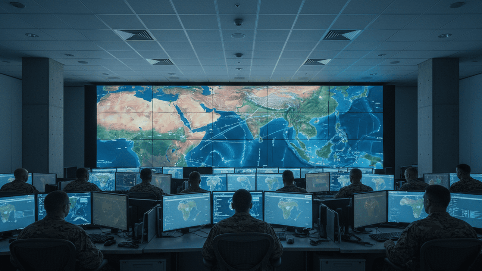 A high-tech military command center displays a digital map of the Middle East during a strategic operation.