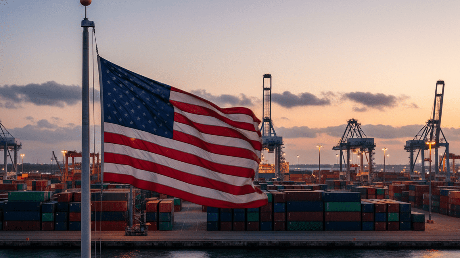 A peaceful and organized shipping port with an American flag in the foreground under a twilight sky.