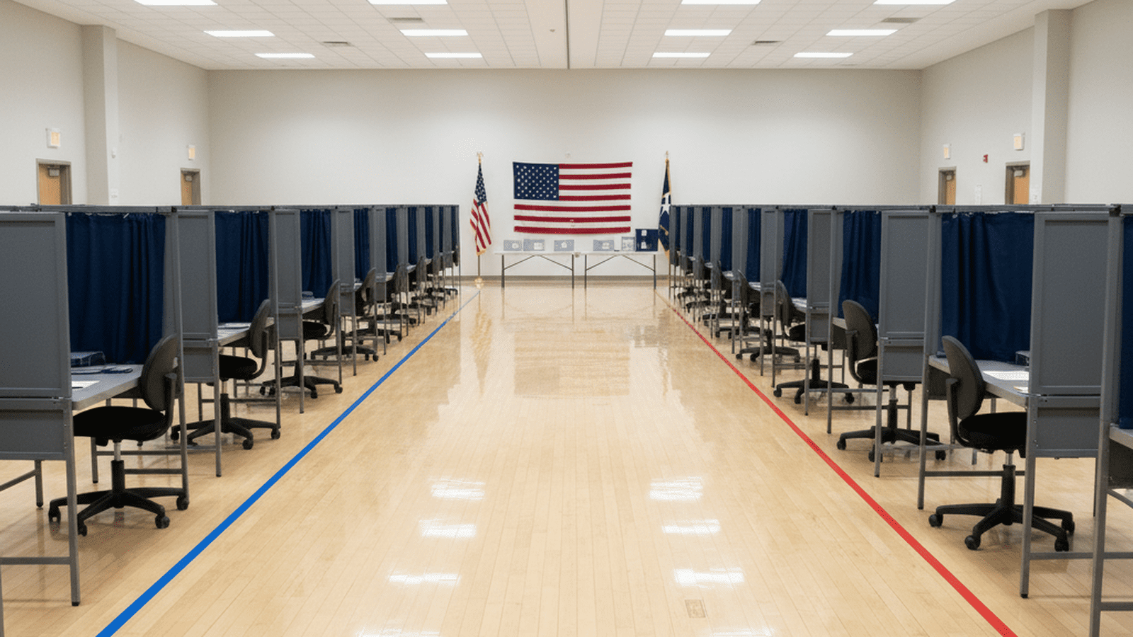 A quiet and orderly polling station in Texas where voters wait in a structured line to cast their ballots.