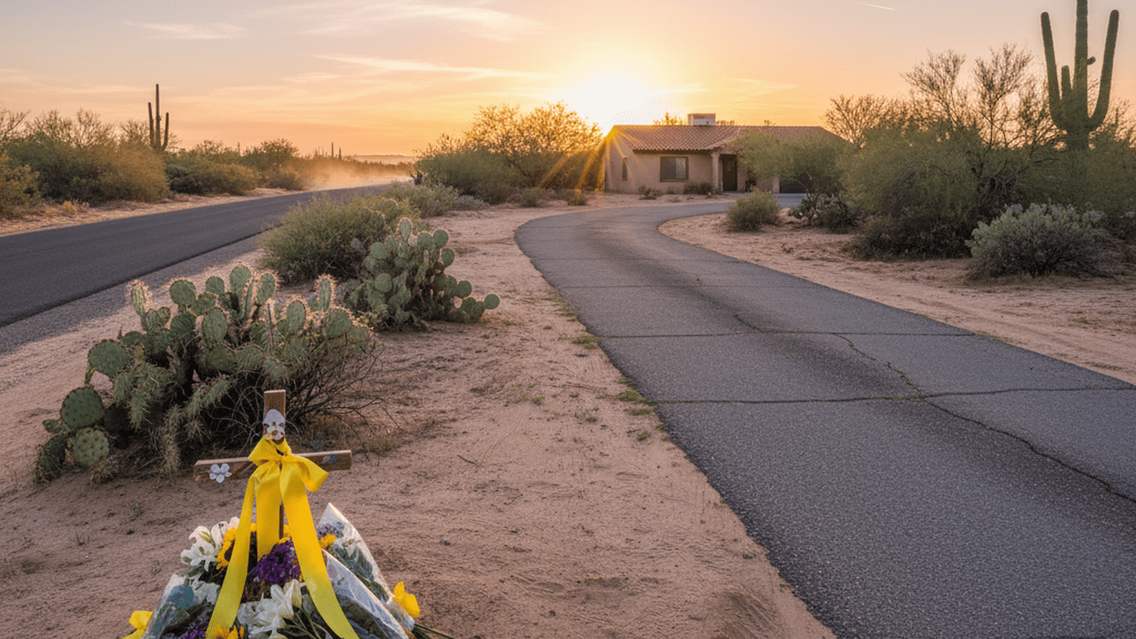 A memorial with yellow ribbons and flowers stands at the edge of a driveway in Tucson.