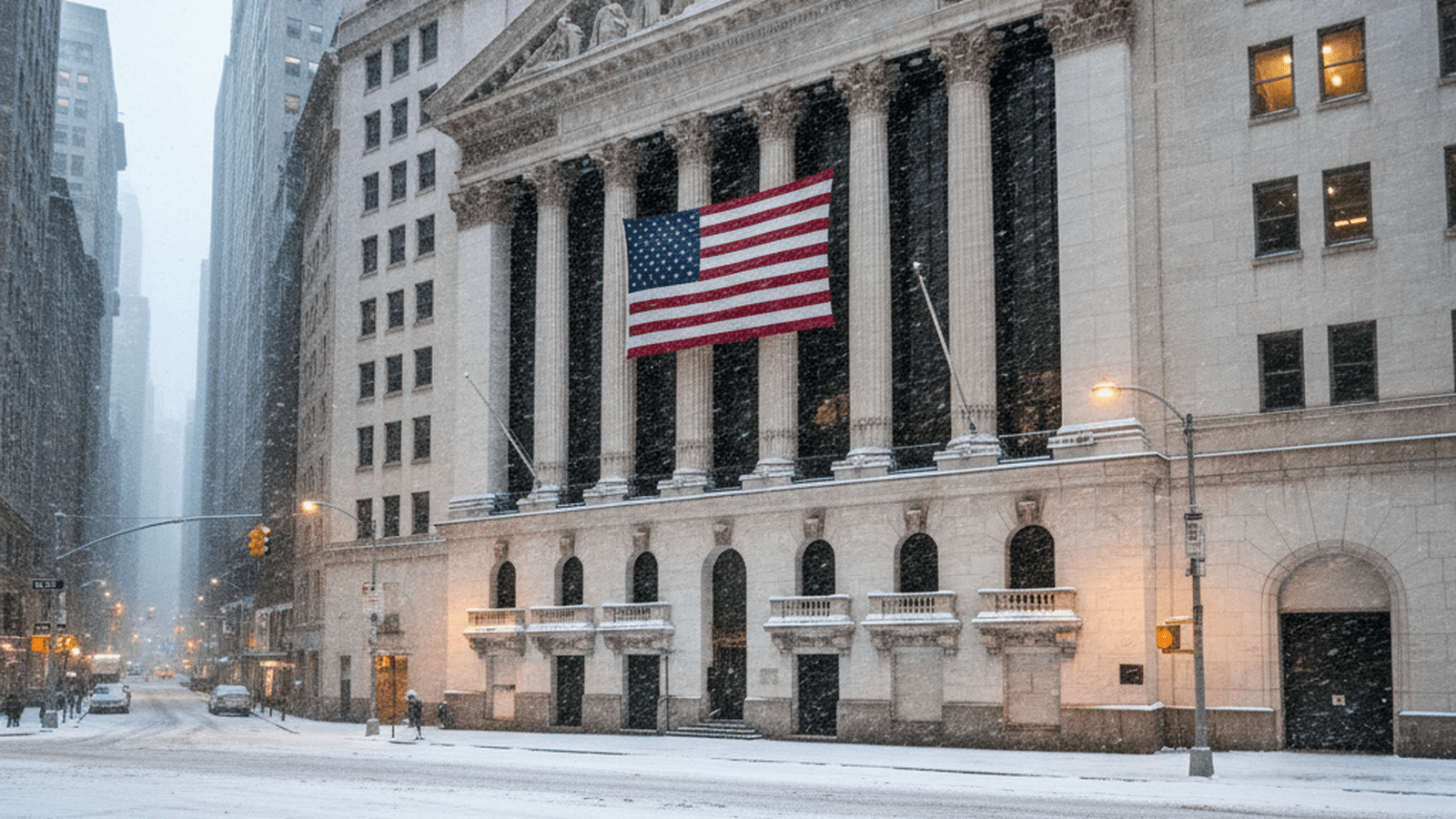 The New York Stock Exchange building stands tall during a snowstorm with an American flag displayed on its facade.