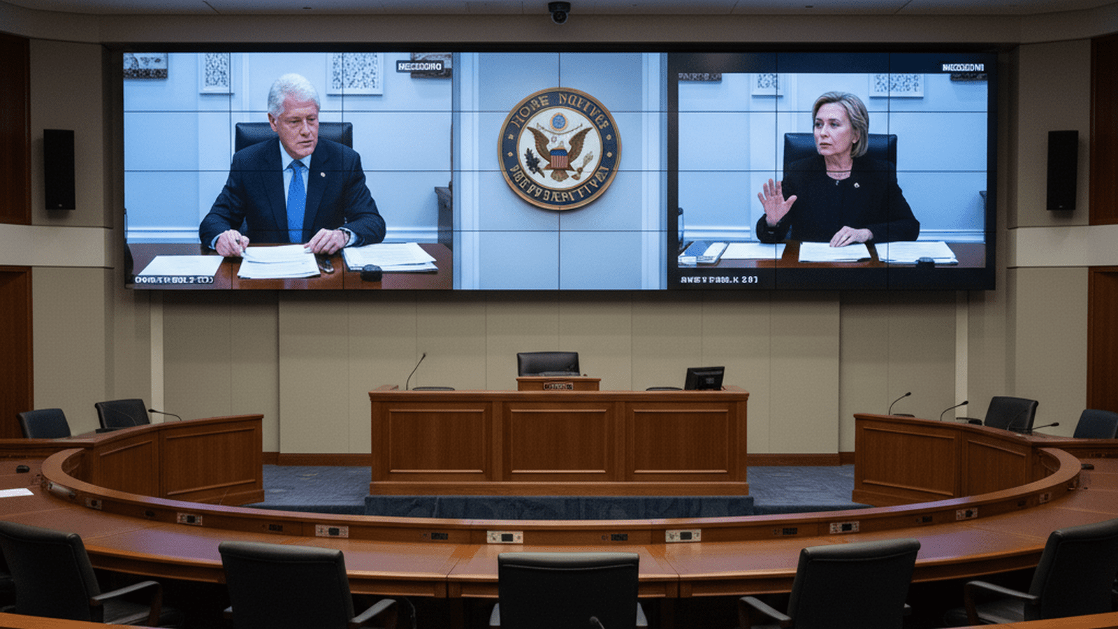 A congressional hearing room with monitors displaying deposition footage under the House of Representatives seal.