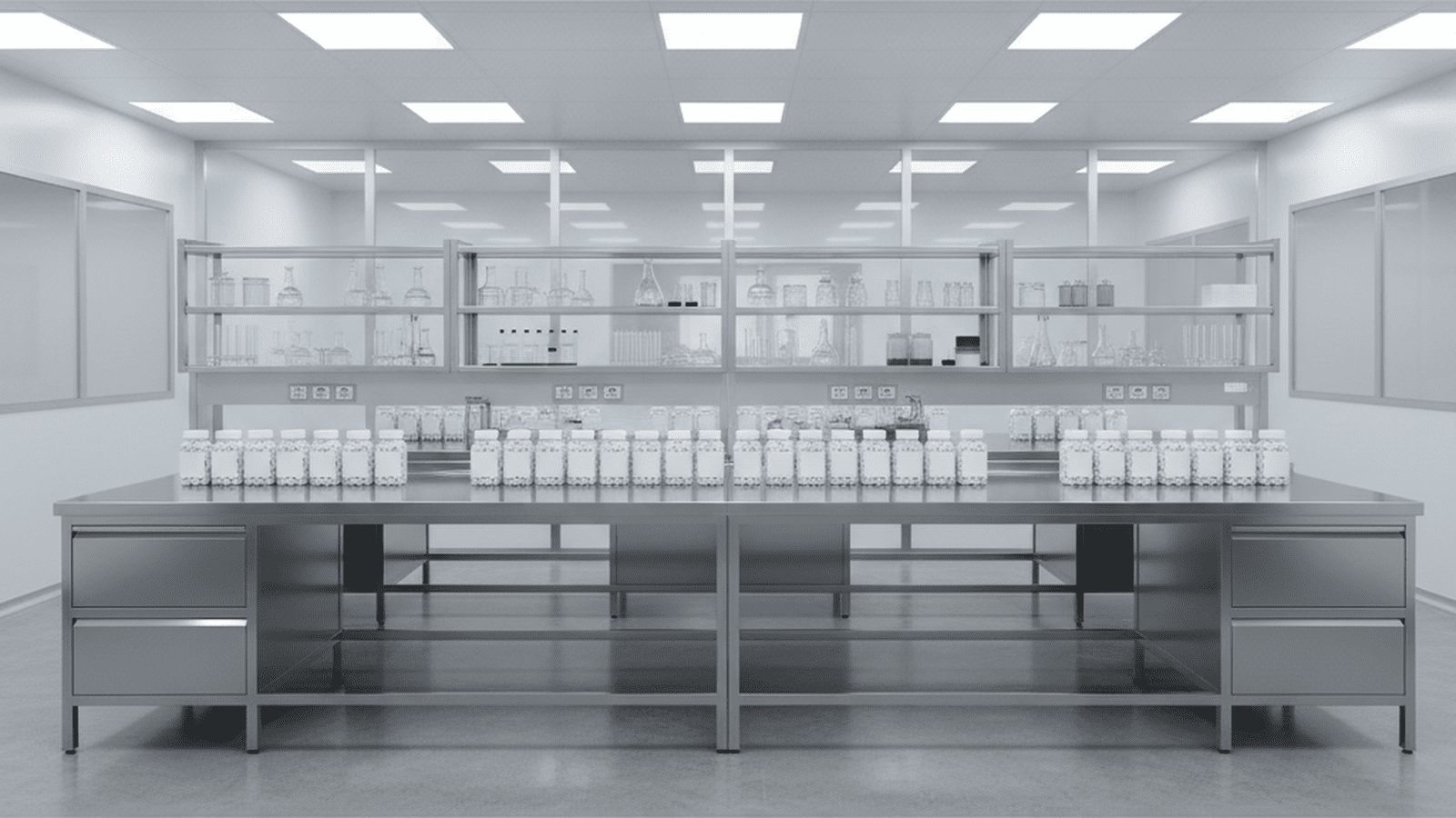 A sterile and organized pharmaceutical laboratory with rows of medicine bottles.