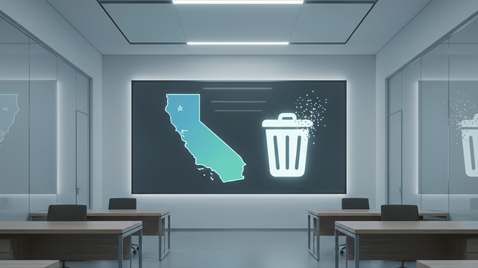 A digital screen in a professional office showing a map of California and a data deletion icon.