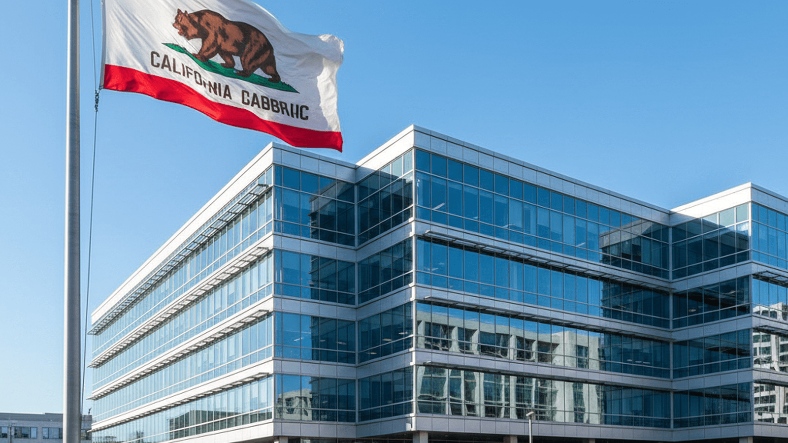 A California state flag flies in front of a modern government building under a clear blue sky.