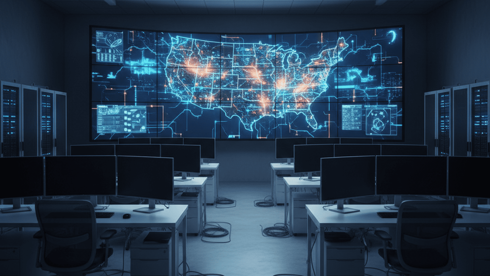A high-tech government monitoring room with digital maps and data displays.