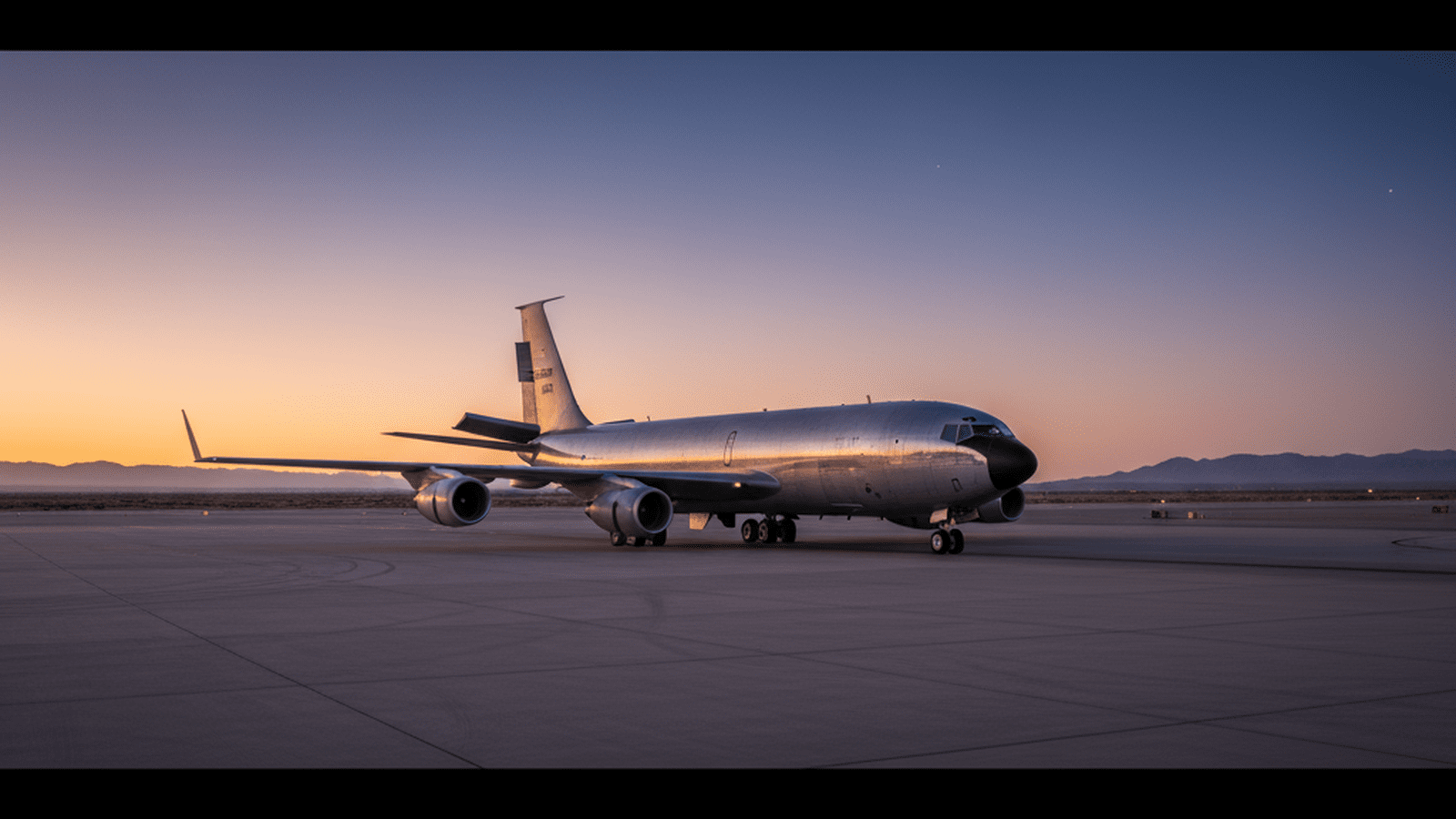 A large military refueling aircraft sits on a desert runway under a twilight sky.