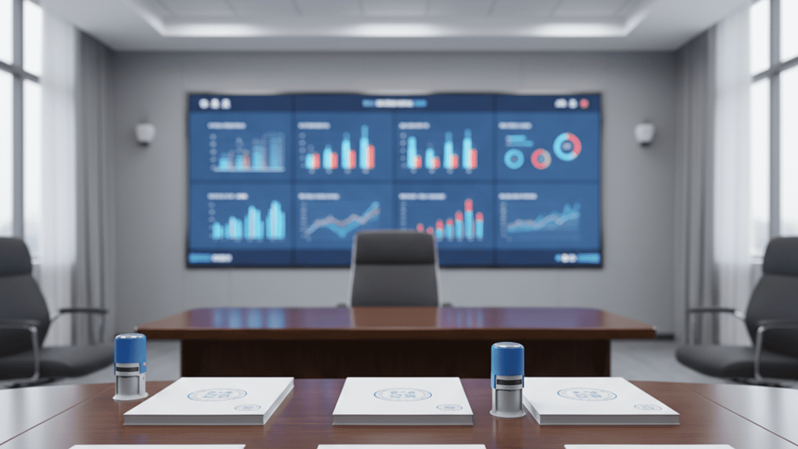 A professional government office setting featuring organized paperwork and data charts representing the new democracy infrastructure policy.