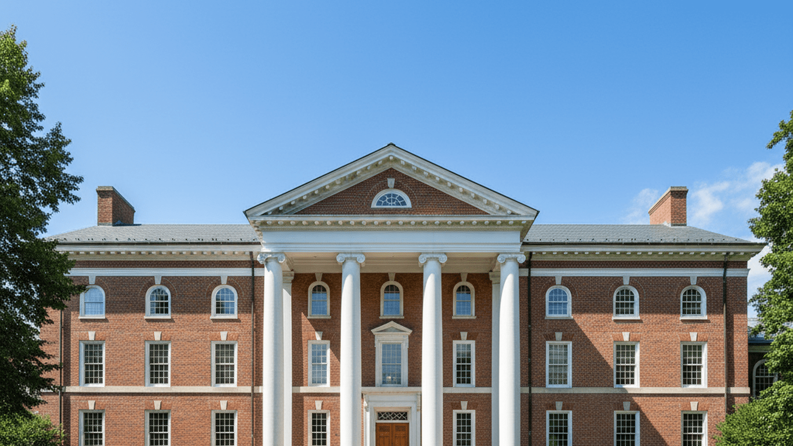 A traditional brick university building with white columns stands under a clear sky.