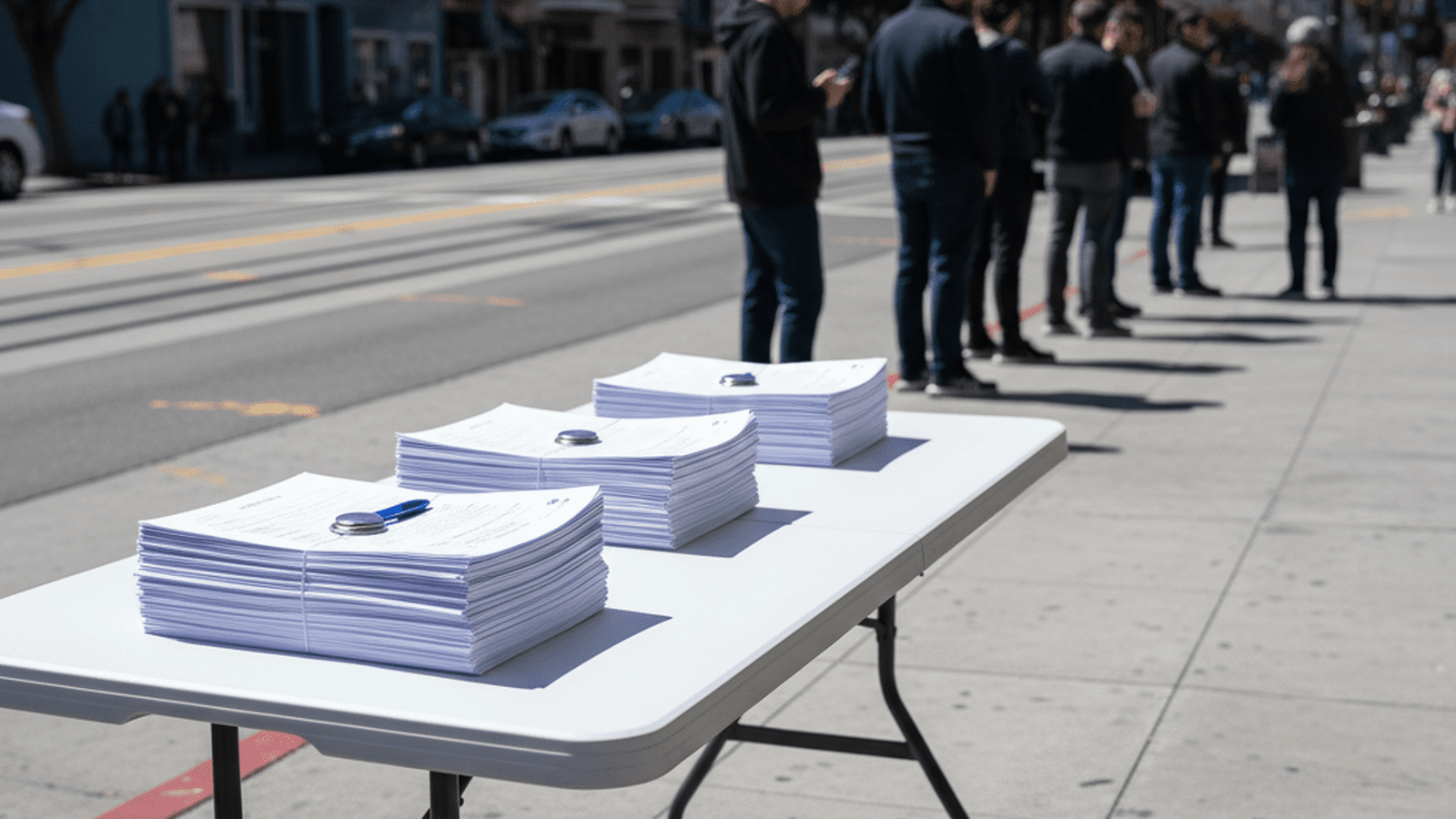 A close-up of a blue ink pen resting on a stack of official-looking white paper petitions on a wooden table.