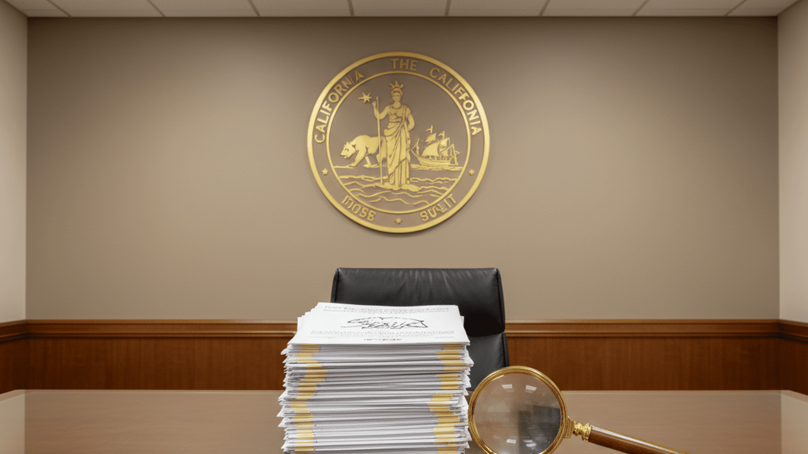 A stack of official ballot petitions sits on a desk in a professional California state office.