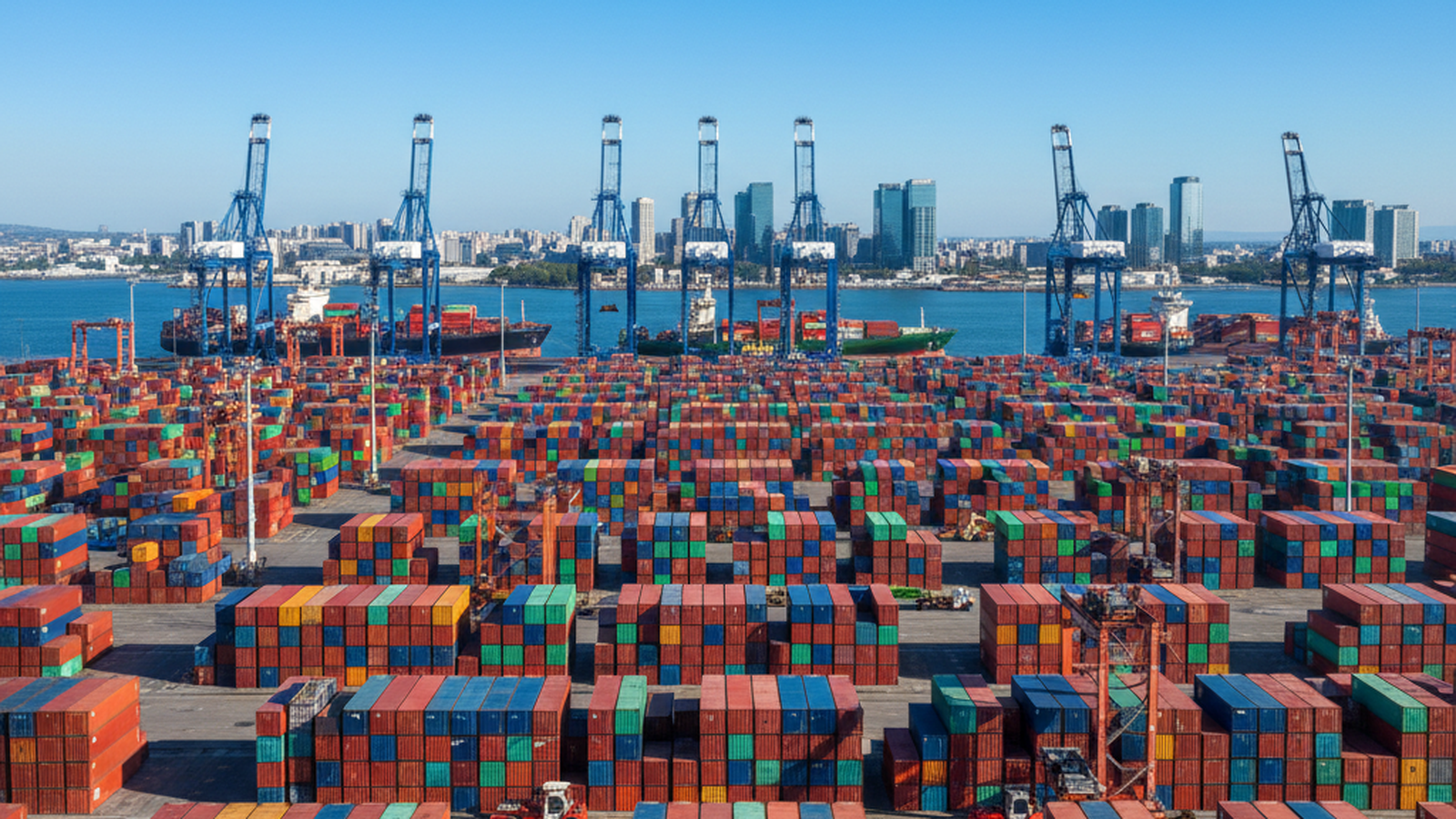 A vast array of shipping containers stacked neatly at a cargo terminal, representing the scale of international trade.