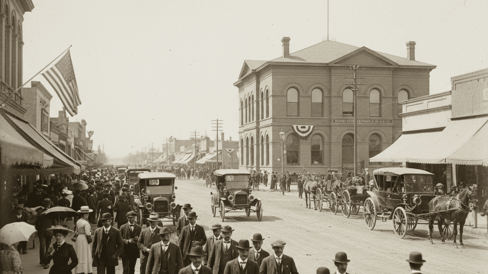 A monochrome 1911 street scene in Phoenix showing period clothing and early automobiles during the Arizona statehood era.