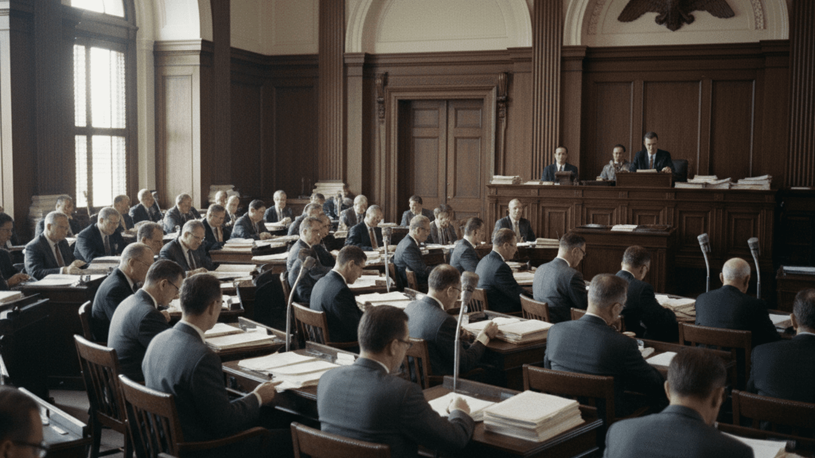 A wide shot of the California State Senate chamber in 1966 during a legislative session.