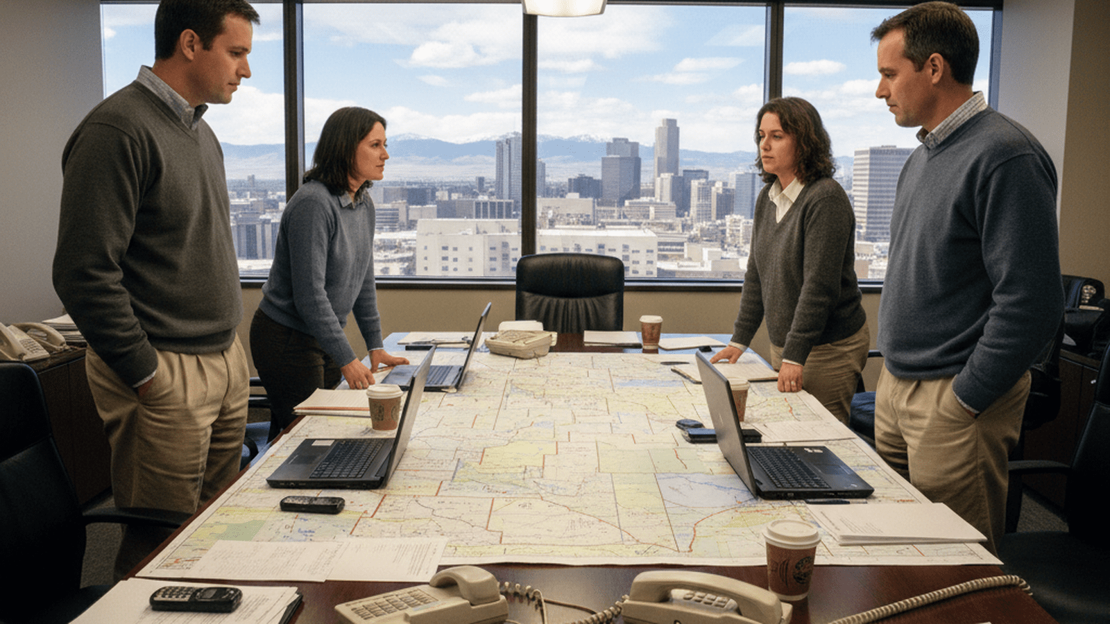 Political strategists in a 2004 Denver office planning a legislative campaign with maps and early digital technology.