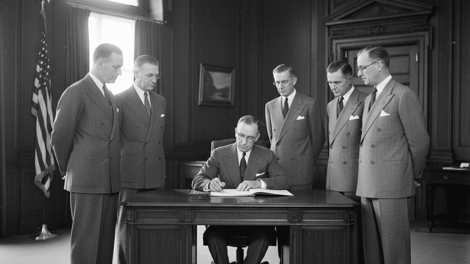 Governor Raymond E. Baldwin signs the 1943 act establishing the Connecticut Inter-racial Commission.