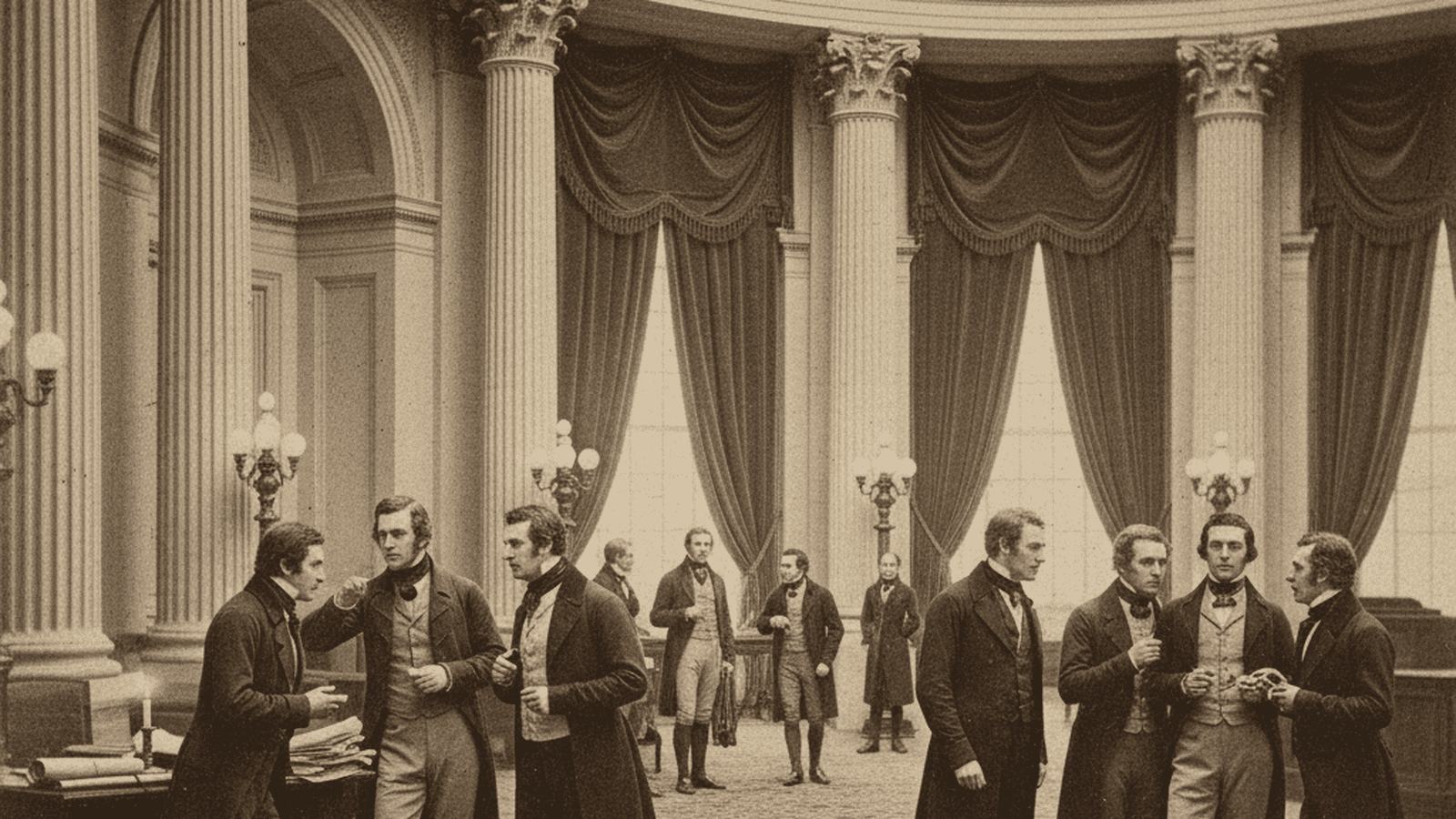 A historical depiction of the U.S. House of Representatives chamber during the 1825 contingent election.