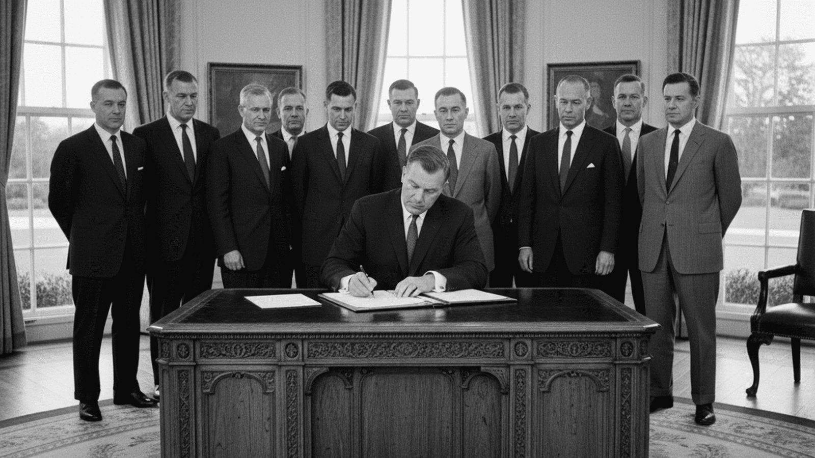 President Lyndon B. Johnson signs a document at the Resolute Desk in the Oval Office surrounded by advisors in 1965.