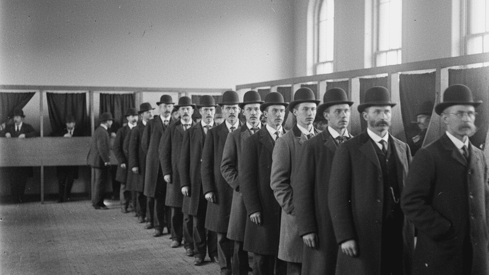 A black and white photograph of men in 19th-century attire waiting to vote in a room with wooden privacy booths.