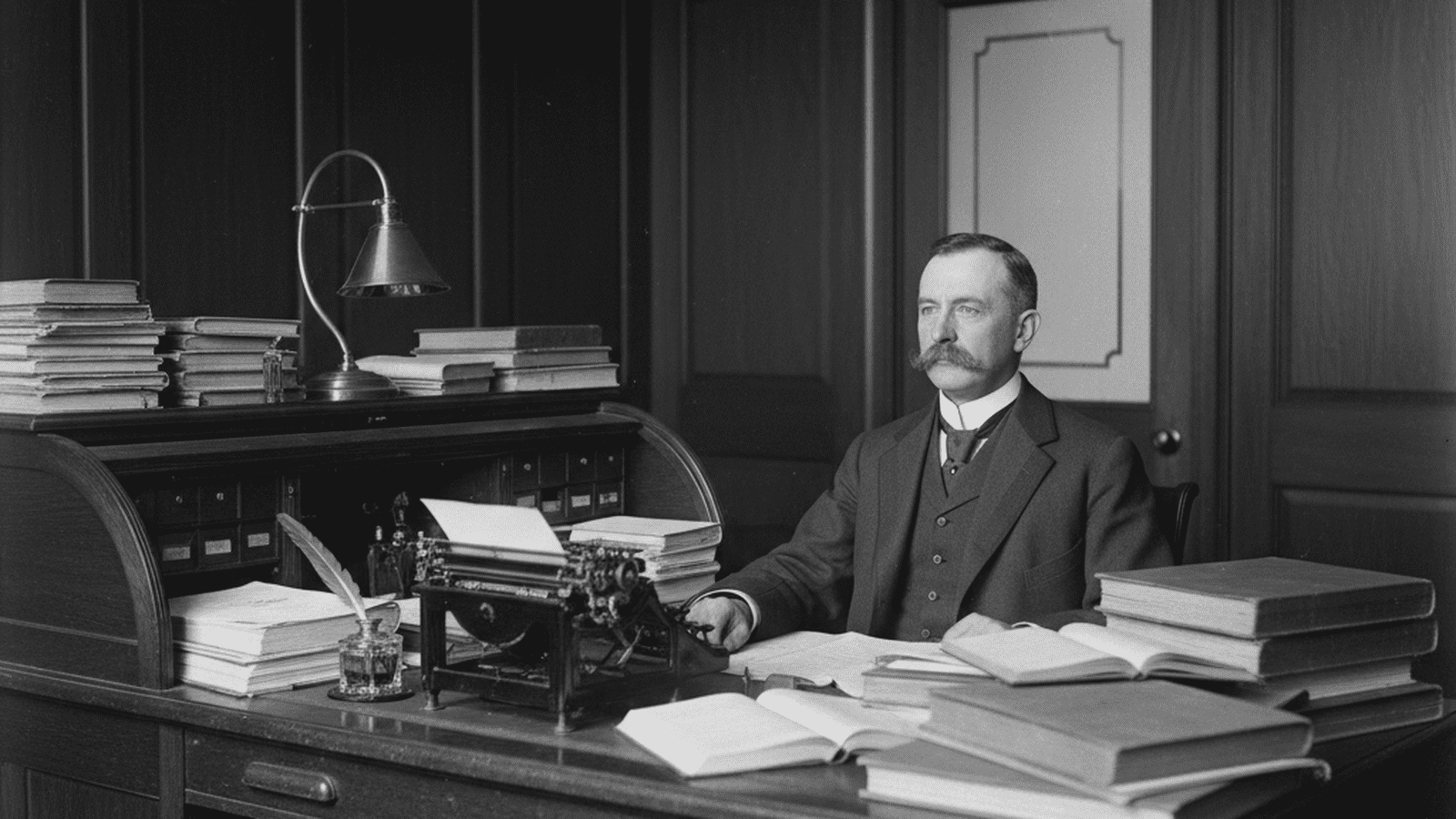 Kansas Bank Commissioner Joseph Norman Dolley sits at his desk in 1911, surrounded by financial ledgers.