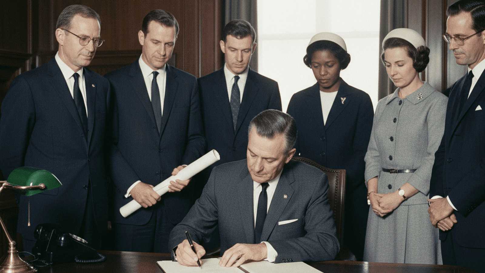 Governor John Volpe signs the Racial Imbalance Act in 1965 surrounded by supporters in a wood-paneled office.