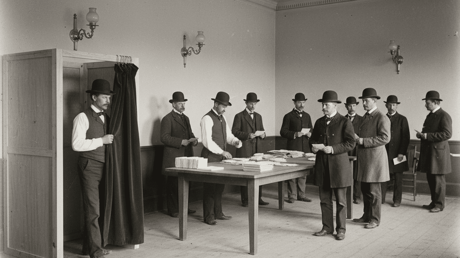 A monochrome 1891 photograph of men in a Michigan polling station using new wooden voting booths.