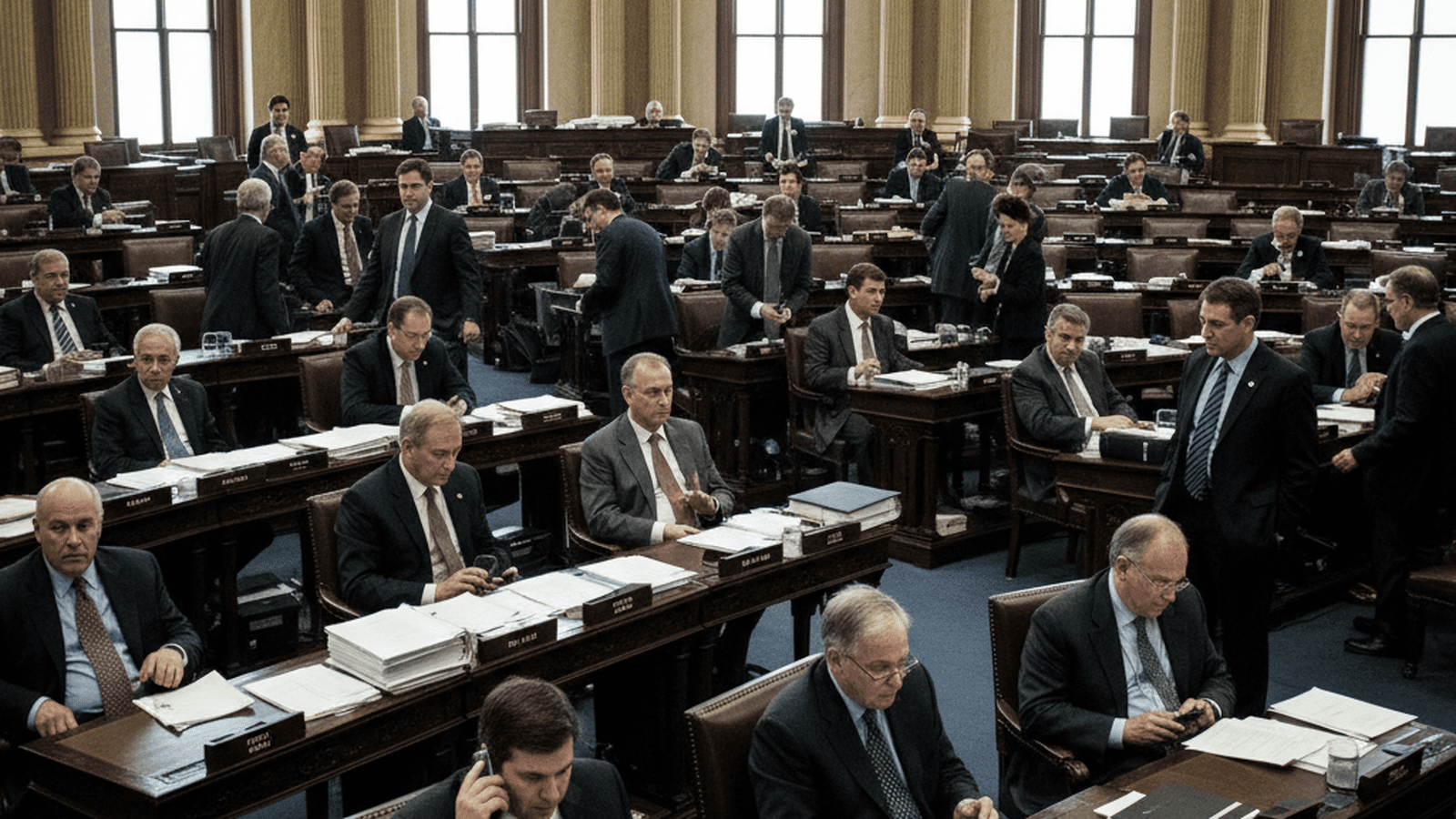 A wide view of the ornate New York State Senate chamber during a period of political transition in 2009.