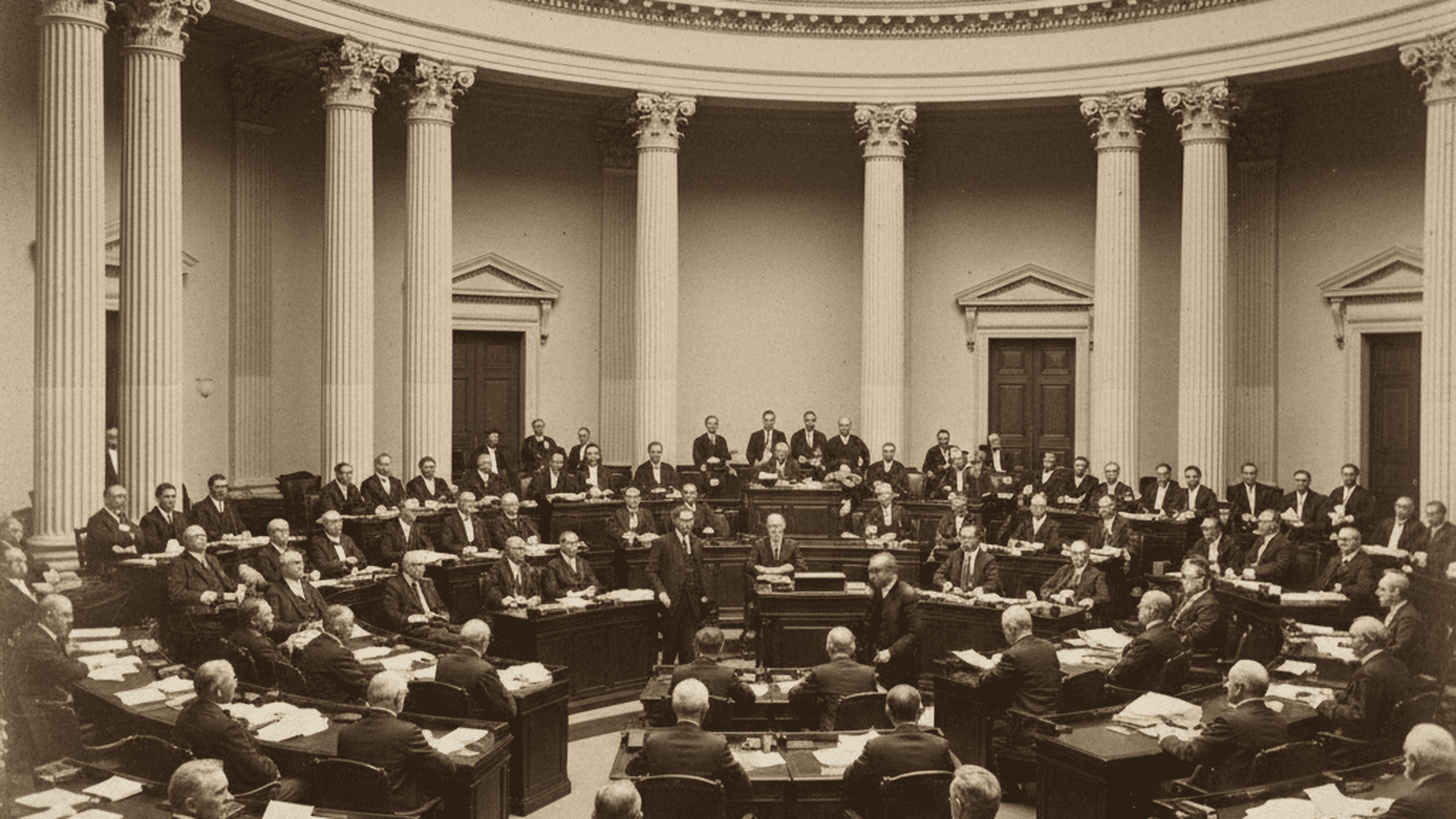 Delegates in three-piece suits sit at wooden desks inside the ornate Ohio Statehouse chamber during the 1912 Constitutional Convention.