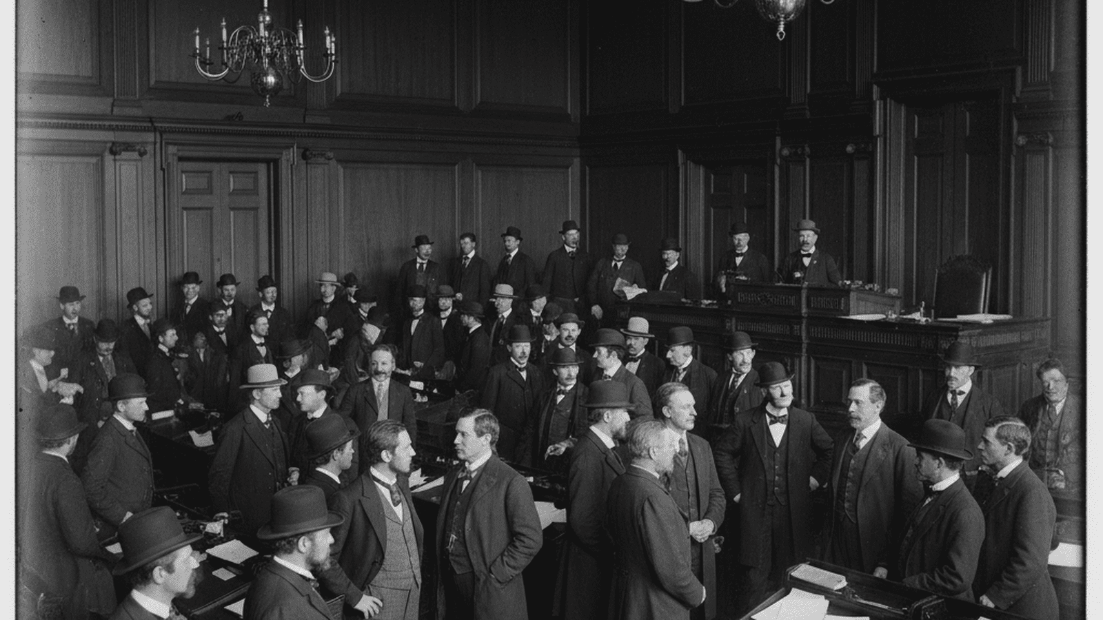 A monochrome photograph of the empty Oregon House chamber in 1897 during a legislative deadlock.