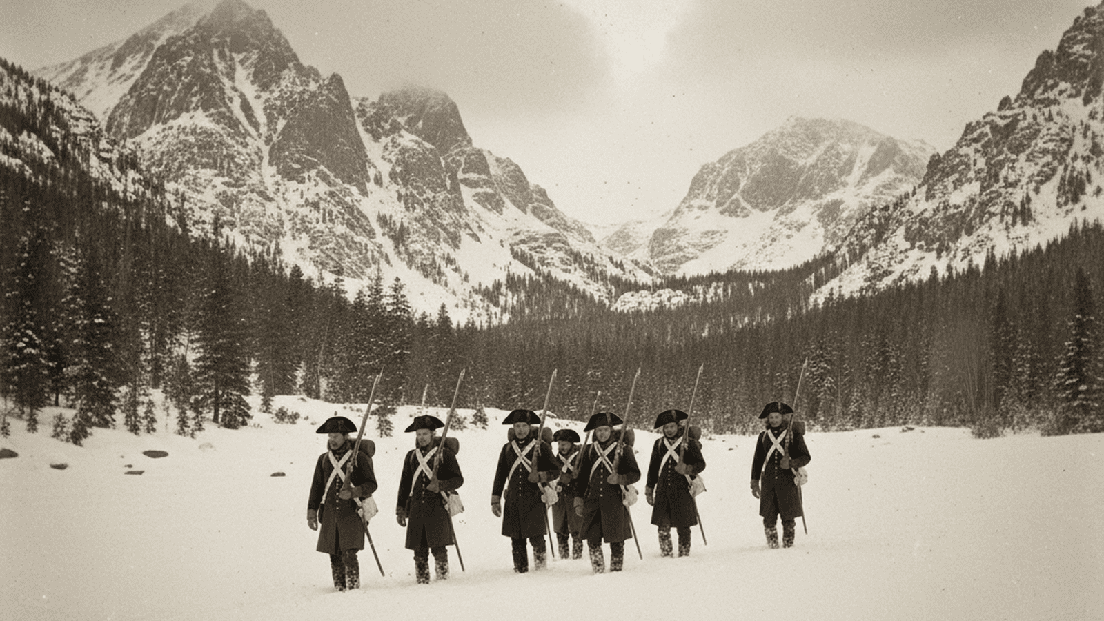 U.S. Army soldiers led by Zebulon Pike trekking through the snowy Rocky Mountains in 1806.
