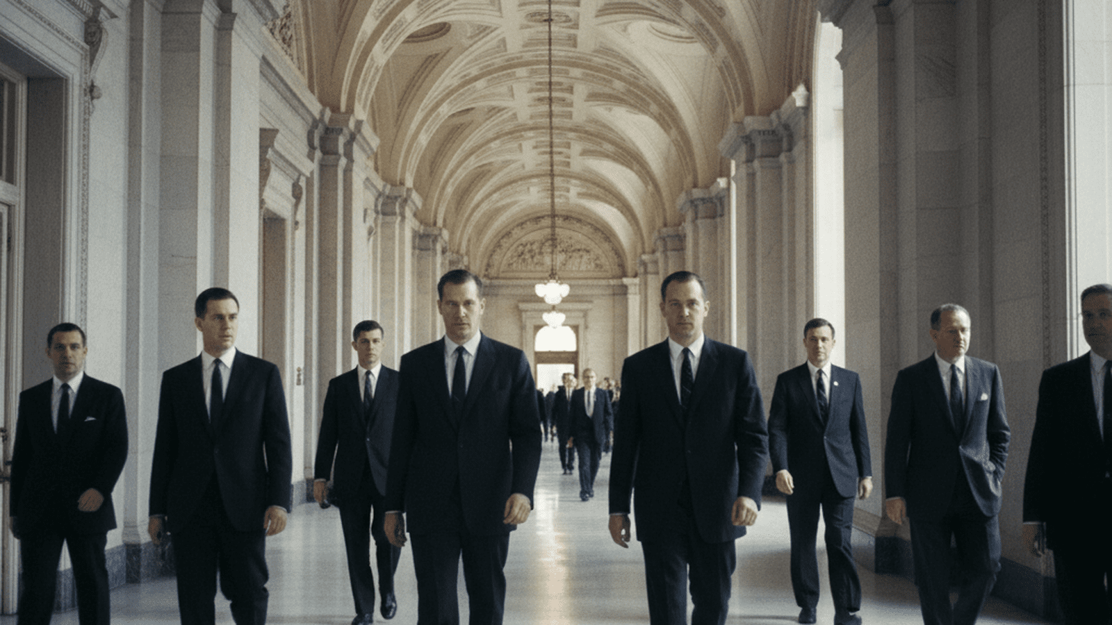 A black-and-white photograph of the interior of the United States Capitol in 1967, showing men in period-accurate suits walking through a marble hallway.