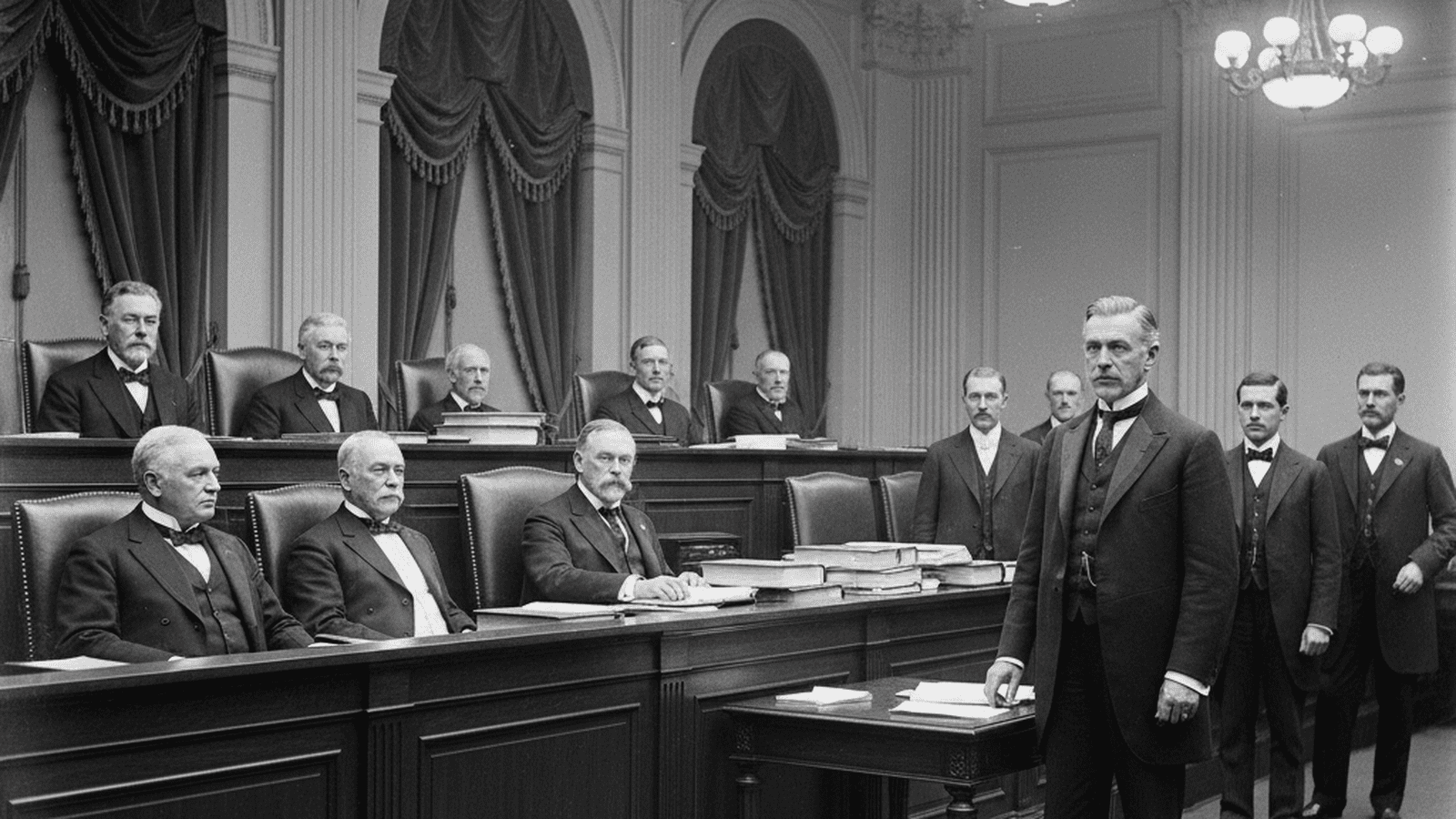 A monochrome 1912 photograph of a congressional hearing room during the Pujo Committee investigation into the Money Trust.