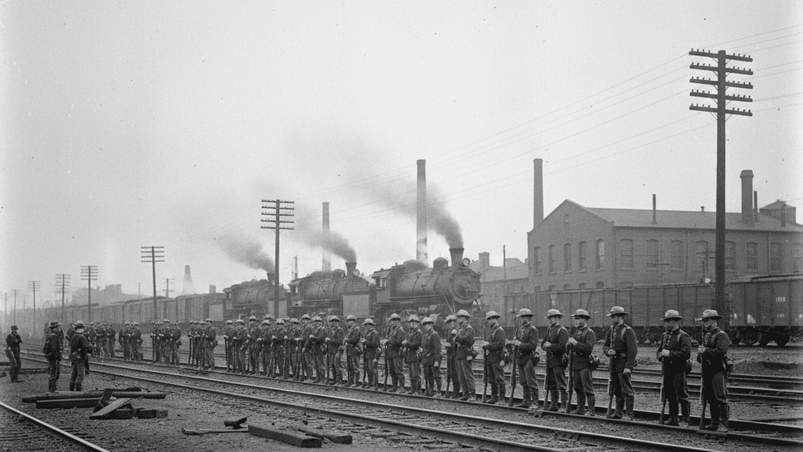U.S. Army soldiers stand guard at a Chicago rail yard during the 1894 Pullman Strike.