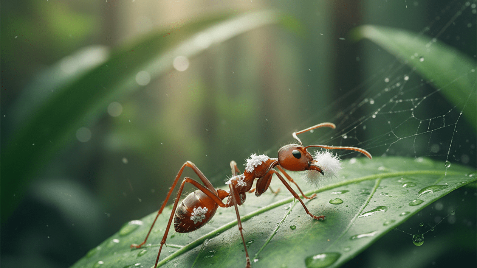 A close-up view of a fungus-growing ant on a leaf in the Amazon rainforest, highlighting the symbiotic relationship between the insect and its microbiome.